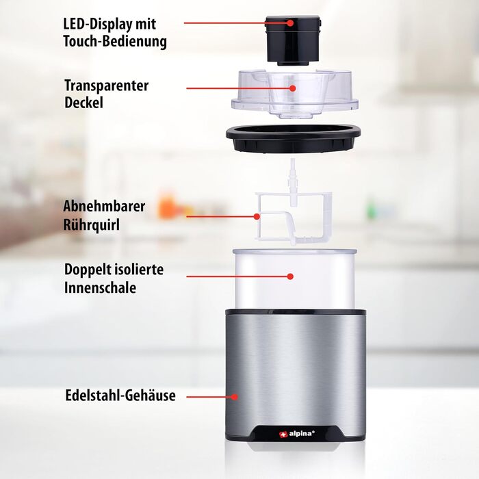 Морожениця Alpina - Машина для м'якого морозива - Підходить для морозива, джелато, замороженого йогурту та сорбету - Вміст 2 л - Автоматичне самовідключення - Нержавіюча сталь - Срібло