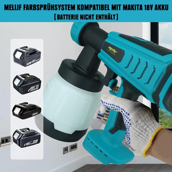 Акумуляторний фарборозпилювач Mellif для акумулятора Makita 18V, швидкість подачі 1000 мл/хв, ємність 800 мл, з 3 соплами (1/1,5/2,5 мм), безщітковий двигун, акумуляторний фарборозпилювач для фарбування стін, меблів, лакофарбових покриттів