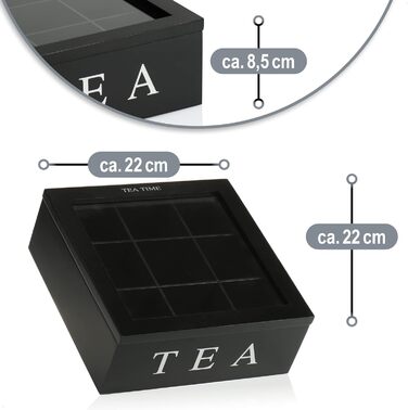 Чайна коробка com-four з 9 відділеннями - Чорна дерев'яна та скляна коробка для зберігання чаю - Коробка для чайних пакетиків з вікном - Зберігання чаю - Коробка для чаю (1 x Чорна коробка для чаю)