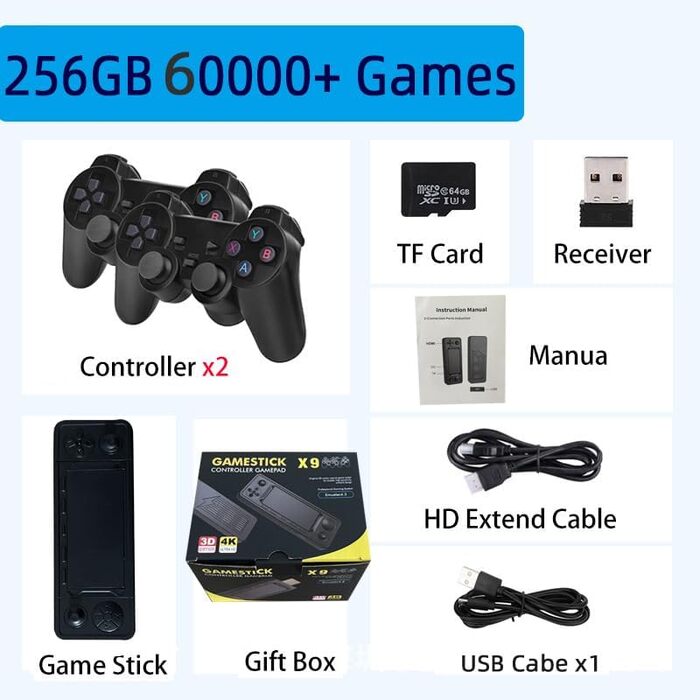 Ігрова приставка, Game Stick 4K HDMI вихід з 60000 ігор (256G) з 2.4G бездротовими контролерами Plug-and-Play відеоігри іграшка ручні емулятори для домашнього телевізора, 9 Retro Console