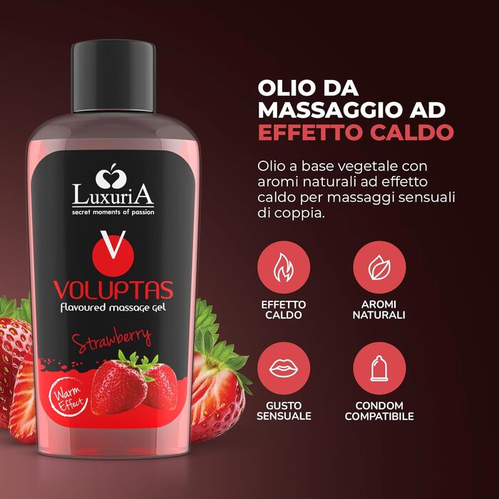 ІНТИМНА Voluptas Strawberry їстівний масажний гель, стимулюючий гель з зігріваючим ефектом для всього тіла, зволожуючим і пом'якшувальним ефектом, зі смаком полуниці, 100 мл