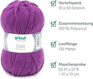 Пряжа Grndl Lisa Premium Uni Knitting & Chet Yarn (м'яка і вовняна характер, проста в догляді миється трикотажна пряжа з 100 поліакрилу, 50 г/ 133 м, розмір голки 3,5 - 4,5, 10 клубків по 50 г кожен), (фіолетовий)