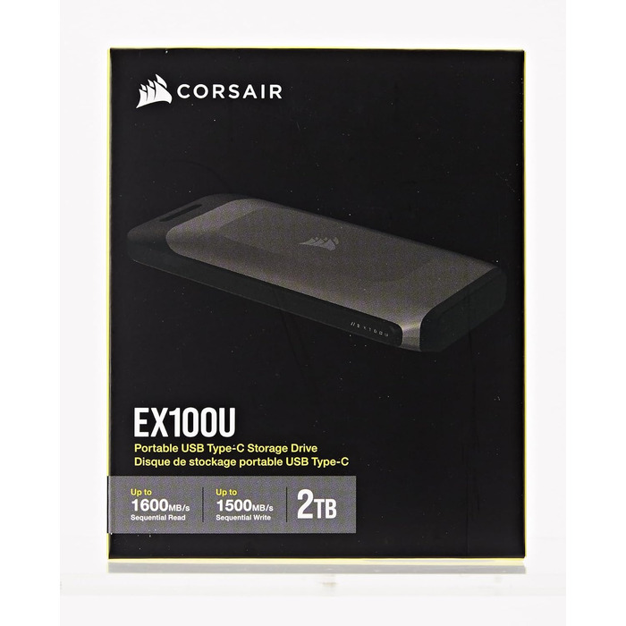 Портативний USB-накопичувач Corsair EX100U на 2 ТБ з інтерфейсом USB Type-C - надшвидкий для будь-якого ПК/машини/консолі, Gen2 x2, Plug-and-Play, у комплекті кабелі USB Type-C і USB Type-A - чорний