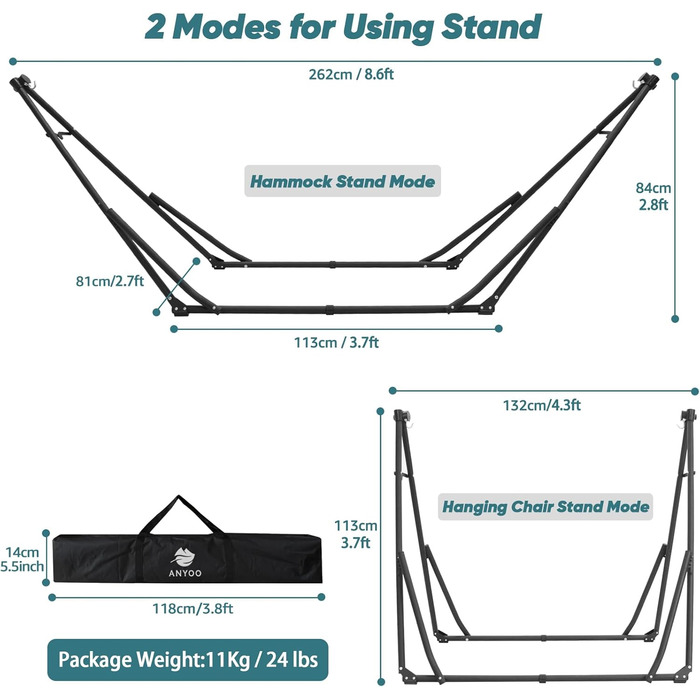 Гамак і підвісне крісло Anyoo зі складним каркасом, портативний набір каркасів гамака для відкритого/внутрішнього саду, патіо, кемпінгової палуби, чорного та темно-сірого
