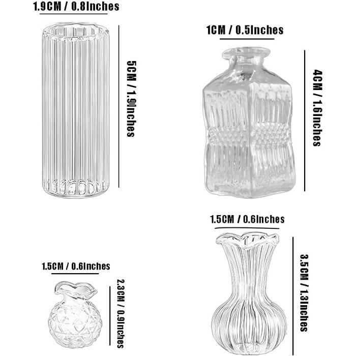 Міні-вази Miupoo з прозорого скла, маленькі, ребристі, вінтажні, мініатюрні вази для прикраси столу, центричні, ваза для квітів для весільних прикрас, сільські, декоративні, 4 шт. и