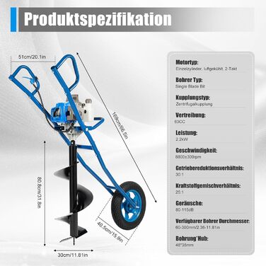 Двотактний бензиновий земляний шнек 63CC, 2,2 кВт на колесах, свердла 300 мм, садовий шнек ручного типу, бензиновий шнек для стовпів, стовп для огорожі з баком 1,3 л