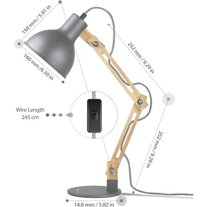 Настільна лампа, Світлодіодна настільна лампа в класичному дерев'яному дизайні, Приліжкова лампа, Лампа з регульованим кронштейном, Настільна лампа Вітальня для кімнати Офіс, (сірий)