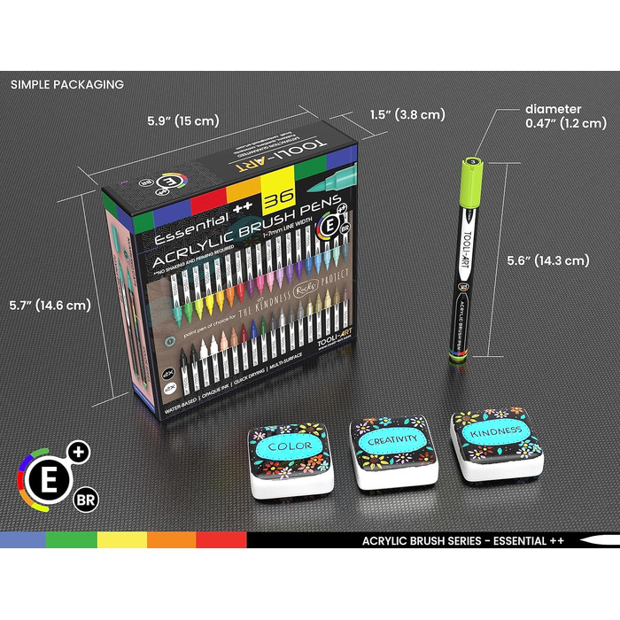 Акрилові кольорові олівці, гнучкий кінчик пензля, волосінь 1-7 мм, наскельний живопис, пензлі, написи, скло, дерево, метал, полотно, тканина, пластик, швидковисихаючі ручки на водній основі, 36 шт.