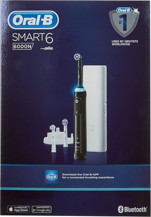 Електрична зубна щітка Oral-B Smart 6 6000N CrossAction, 1 чорна ручка для додатків із підключеною ручкою, 5 режимів, датчик тиску, 3 насадки для зубних щіток, подарунок, з дисплеєм у невидимому режимі