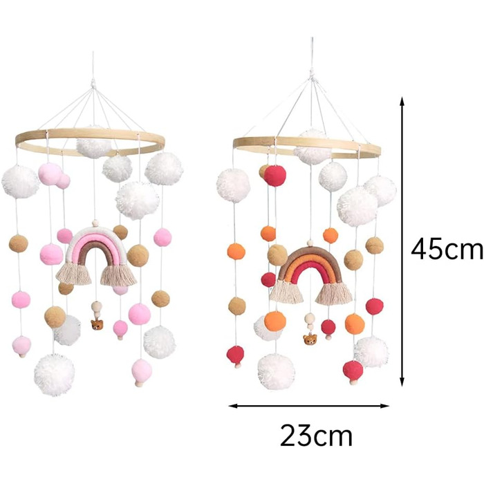 Дитяче ліжечко з дзвіночками вітру з фетровими кульками, дитяче ліжечко Мобільне дзвіночок вітру 3D Райдужний мобільний декор дитячого ліжечка Прикраса Дитяча кімната Підвісний дзвіночок Подарунок для хлопчиків Веселка - рожевий