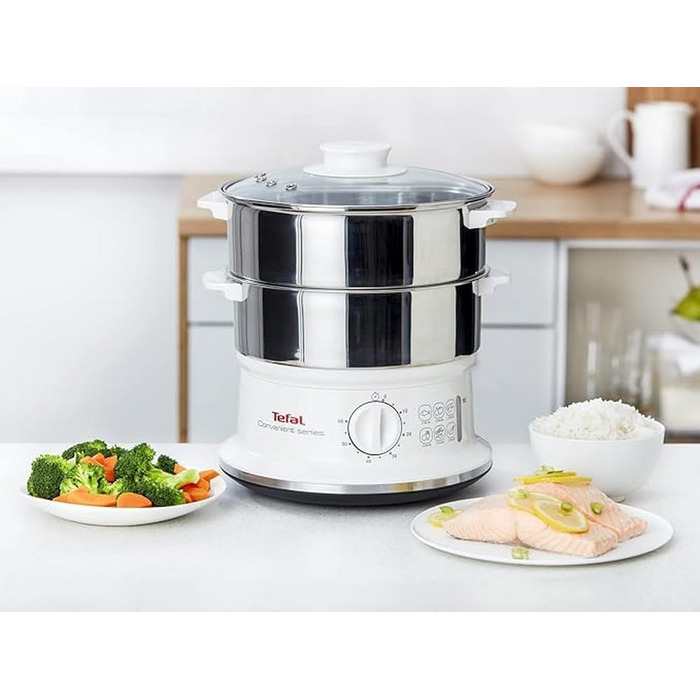 Відпарювач Tefal VC1451 2 контейнери з нержавіючої сталі Ємність 6 л Діаметр 24 см Таймер і автоматичне відключення 900 Вт Біла ЗРУЧНА СЕРІЯ