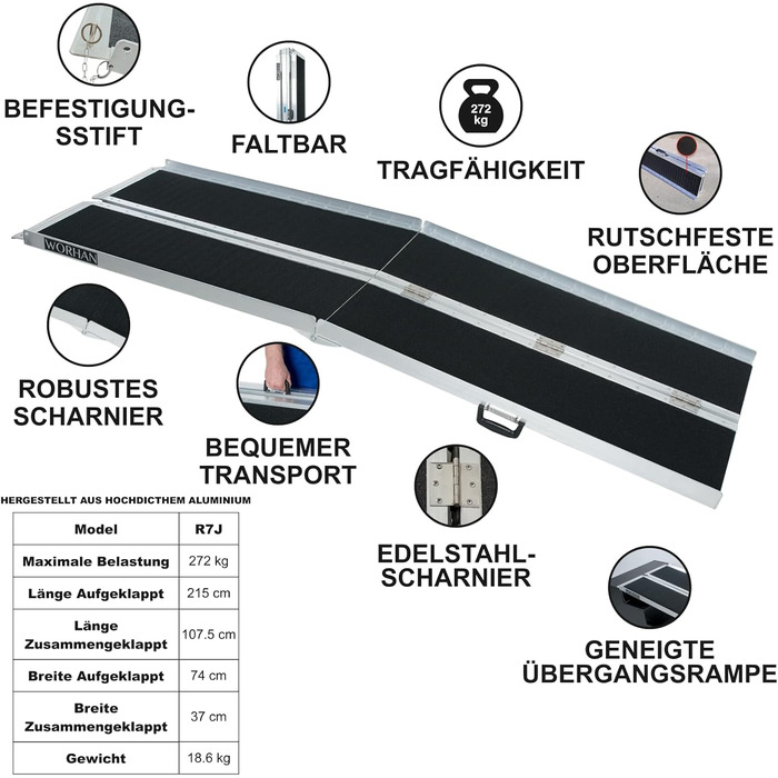 Рампа для інвалідних візків 215 см Складна 272 кг Складна мобільна алюмінієва нековзна рампа для інвалідного візка Великий вибір 2,15 м R7J