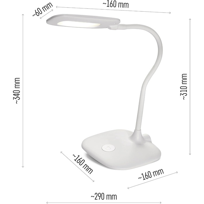 Настільна світлодіодна лампа EMOS з регулюванням яскравості STELLA 6.5 Вт, яскравість макс. 400 лм, колір світла 4000K, гнучкий кронштейн, кабель живлення 1,7 м з адаптером EURO, CRI80, час горіння 30000 год, білий