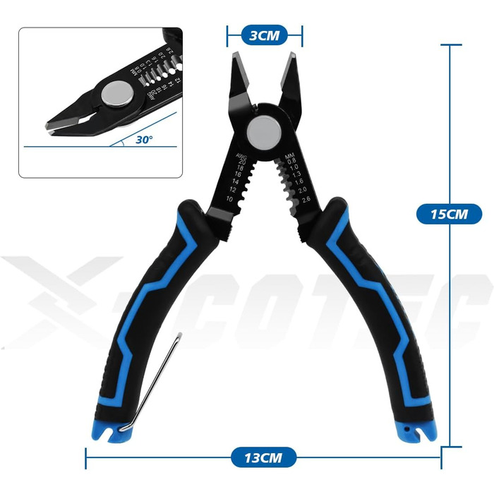 Бокорізи X-COTEC, плоскогубці 3-в-1 для різання та зачистки дроту, професійні кусачки, багатофункціональні обтискні плоскогубці, для кабелю 20-10 AWG