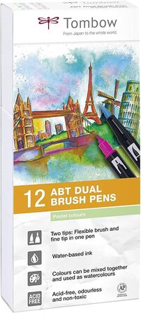 Ручка з двома щітками Tombow ABT, пастельні кольори, ручка з двома наконечниками, ідеально підходить для написів від руки та bullet journal, підходить для фарбування водою, ABT-12P-2, набір з 12 шт.