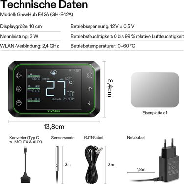Контролер VIVOSUN GrowHub E42A, інтелектуальний WLAN-контролер для управління температурою, вологістю, VPD, таймером, циклами та розкладом для теплиці, охолодження, вентиляції та освітлення