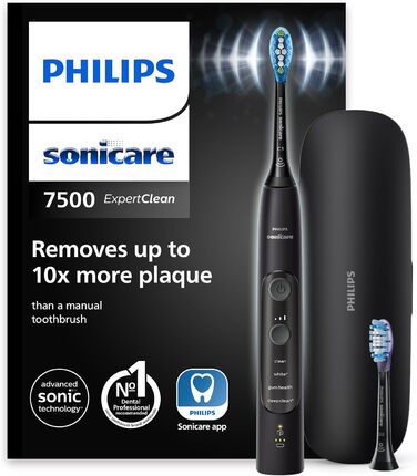 Електрична зубна щітка Philips Sonicare ExpertClean 7500, звукова зубна щітка з додатком, 4 режими чищення та 3 рівні інтенсивності, датчик тиску, дорожній кейс, чорний, модель HX9631/16 Black ука (1 упаковка)