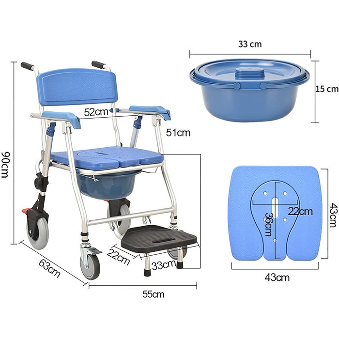 Туалетне крісло для спальні з колесами, Тумбочка для транспортування коліс з підставкою для ніг, Складне туалетне крісло з колесами, Крісло для душу для людей похилого віку, 330P