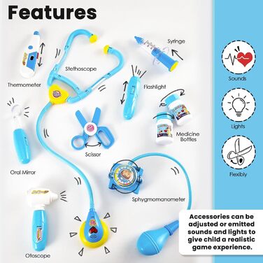ПОКУПЕЦЬ валіза лікаря дитяча від 3 років, іграшка стоматолога, аксесуари для валізи лікаря стетоскоп шприц халат лікаря, лікар рольова гра подарунок для дітей хлопчики дівчатка синій