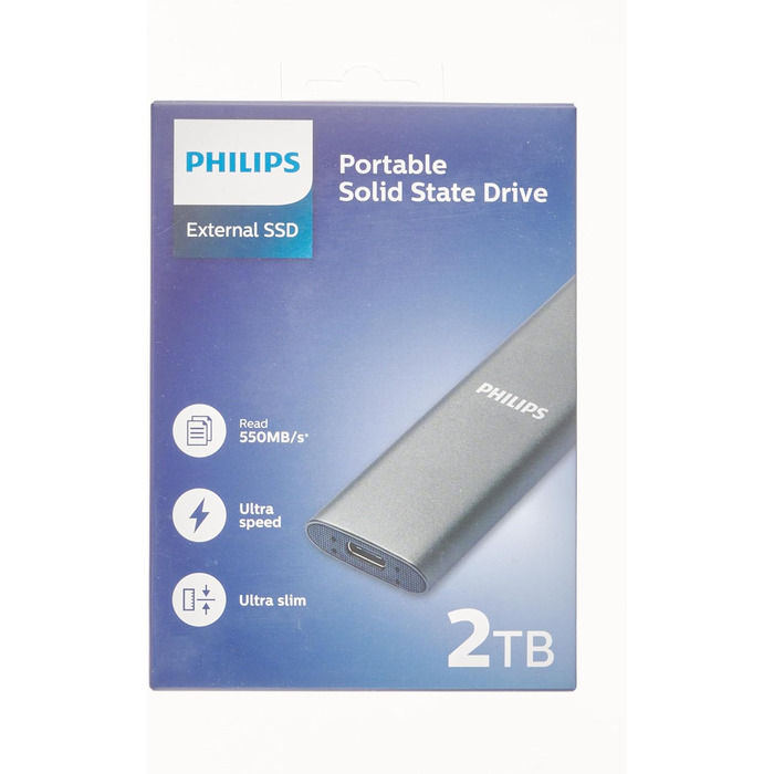 Зовнішній портативний SSD-накопичувач Philips на 2 ТБ - ультратонкий SATA Ultra Speed USB-C, швидкість читання до 550 МБ/с, алюміній