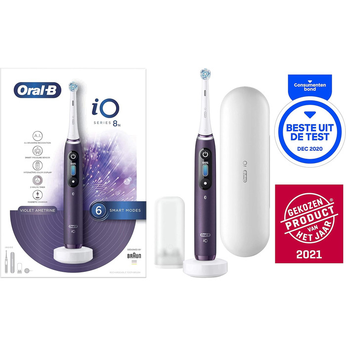 Електрична зубна щітка Oral-B iO 8 Double Pack з революційною магнітною технологією та мікровібраціями, 6 програмами чищення, кольоровим дисплеєм та дорожнім кейсом, чорний онікс/фіолетовий аметрін