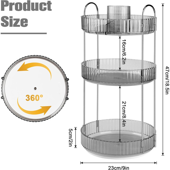 Обертовий органайзер для косметичного макіяжу JORAKI на 360, органайзер з тримачем для щіток, органайзер для догляду за шкірою, багатофункціональна полиця для зберігання туалетного столика, спальня, ванна кімната срібло