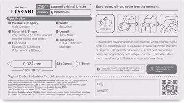 Презервативи без латексу Sagami Original L-SIZE, ультратонкі японські презервативи XL (Японський імпорт) - гіпоалергенні - гігієнічно упаковані, 1 х 6 шт.