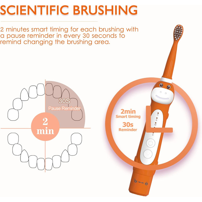Акумуляторна зубна щітка для дітей, звукова зубна щітка для дітей, розумна електрична зубна щітка для хлопчиків віком від 3 до 12 років, нагадування 30-х, таймер на 2 хвилини, 3 режими, 2 насадки для щітки 8680 помаранчевий 8 головок тримач