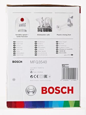 Ручний міксер Bosch MFQ3540, ручний міксер, 2 вінчики, 2 гачки для тіста з нержавіючої сталі, можна мити в посудомийній машині, 5 рівнів, ручний блендер, глечик для блендера, 450 Вт, білий одинарний