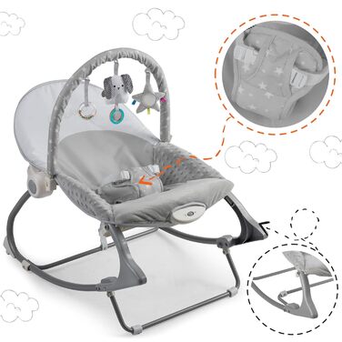 Дитяча гойдалка Nukido Baby Bouncer з музикою - Металевий каркас і міцний пластик - Замок гойдалки - Вібраційна система - Додаткова іграшка Montesorri - 48 x 62 см - Сірий