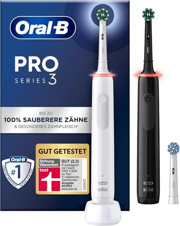 Електрична зубна щітка Oral-B Pro 3 3900, подвійна упаковка та 3 щітки, з 3 режимами чищення та візуальним регулюванням тиску на 360 для догляду за зубами, подарунок чоловіку/жінці, білий/чорний