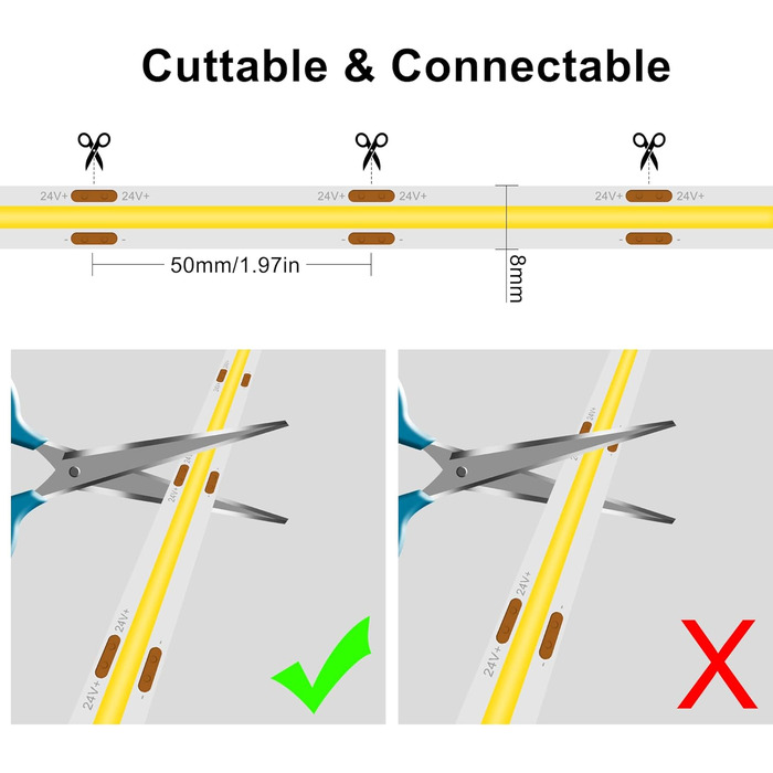 Світлодіодна стрічка TTWAY COB Тепла біла світлодіодна стрічка з 384 світлодіодами/м, CRI 93, DC24V, 8 мм роз'ємом Cob, рівномірним світлом, світлодіодною стрічкою для прикраси спальні (блок живлення не входить у комплект) (6000k, 5M)