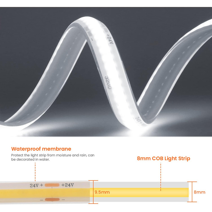 Світлодіодна стрічка Wisada 24 В COB, 320 світлодіодів/м Супер яскрава гнучка світлодіодна стрічка Світлодіодний діапазон COB, водонепроникний світлодіодний світильник для підсвічування телевізора IP68 для освітлення акваріума та шафи (холодний білий, 5 м