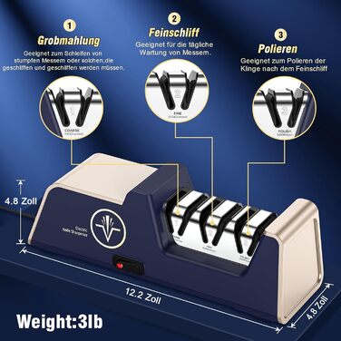 Професійна електрична точилка для ножів зі 100 алмазними абразивами і прецизійними кутовими направляючими для роботи з прямими краями і керамічними ножами на кухні. Різкий темно-синій