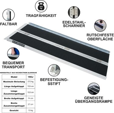 Рампа для інвалідних візків Складна 272 кг Складна мобільна алюмінієва нековзна рампа для інвалідного візка великий вибір 153 см (скласти один раз) 1R5J