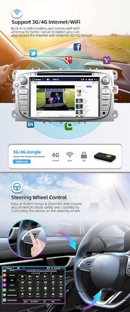 Автомобільна стереосистема YUNTX Android 12 для Ford Focus/Mondeo/S-Max/Connect (2008-2011) Радіоприймач з GPS Navi-CarPlay/Android Auto/Bluetooth 5.0/DAB/USB/WiFi/4G/Mirrorlink-Free камераCanbusMIC-2 Din IPS 7 дюймів (4G64G-сріблястий)