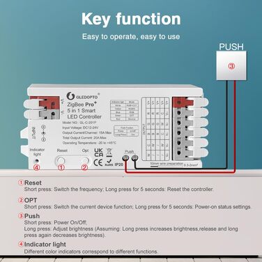 Розумний світлодіодний контролер ZigBee 3.0 Pro 5 в 1, 2.4 ГГц WiFi ШІМ світлодіодний контролер 20A Max DC12-24V Сумісний з Alexa Google Home Smart Life Tuya Smart APP Керування для диммера CCT RGB RGBW RGBC RGBC LED