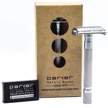 Безпечна бритва Parker, Parker 74R Satin Chrome - довга ручка, важкий метелик, відкритий подвійний край, безпечна бритва для чоловіків хромована напівглянцева