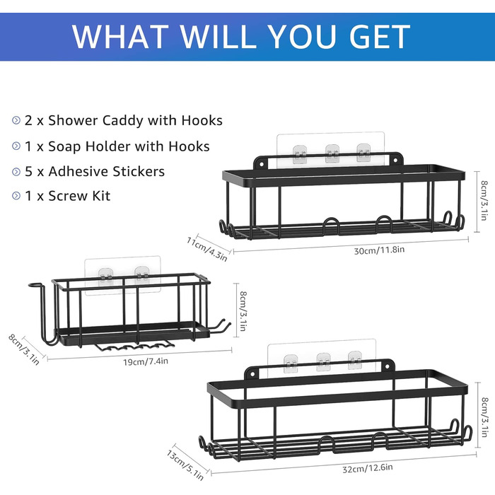 Полиця для душу iMooxy, 3 шт. и, самоклеючі чорні полиці для ванної кімнати з гачками та підставкою для чашки для ванної, кухні, настінне кріплення, нержавіюча, для зберігання в душі, органайзер