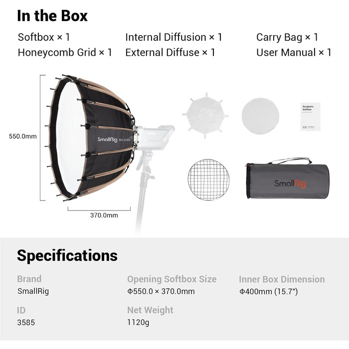 Швидкознімний софтбокс Studio Reflection, з кріпленням Bowens для SmallRig COB Video Light 120B 120D 220B 220D та Photo Studio Video Light - 3586 85 см / 33,5 (55 см / 21,6'), 85 Parabolic Softbox, 85