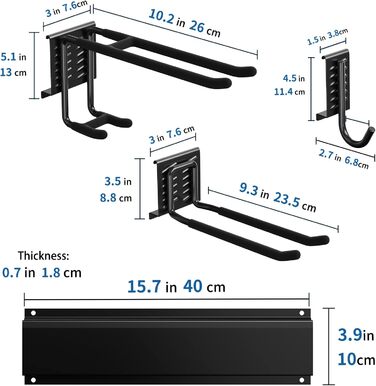 Зберігання в гаражі, 120 см регульований 10 настінних кронштейнів і 4 S гачки 4 ремені для зберігання, стійка для інструментів Настінний тримач інструментів для гаражів Підвальна майстерня Мітла Граблі Органайзер для інструментів 14 гачків, 3-H