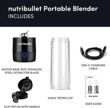 Портативний блендер nutribullet 60 Вт у чорному кольорі потужне лезо екстрактора, чашка 590 мл, кришка для виносу, зарядний кабель USB-C та посібник користувача, забезпечує понад 15