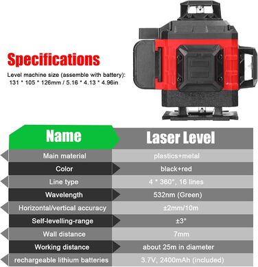 Лінійний лазерний 16-лінійний лазерний рівень перехресний лазерний самовирівнюючий лазерний рівень всеспрямований підлога стіна наклейка набір інструментів для DIY, 2 літієва батарея, що перезаряджається, 4x360