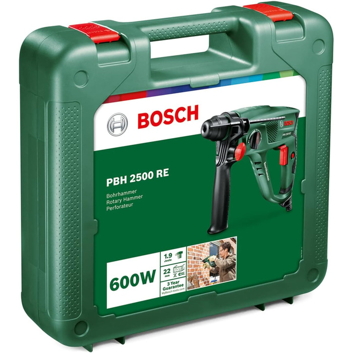 Перфоратор Bosch PBH 2500 RE (патрон SDS, обмежувач глибини, додаткова рукоятка, кейс (600 Вт, свердління Ø бетону 22 мм)) Базовий