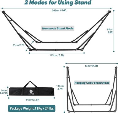 Гамак і підвісне крісло Anyoo зі складним каркасом, портативний набір каркасів гамака для відкритого/внутрішнього саду, патіо, кемпінгової палуби, чорного та темно-сірого