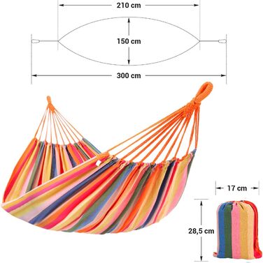 Гамак SONGMICS, на 2 особи, 210 x 150 см, вантаж до 300 кг, для тераси, балкона, на відкритому повітрі, з сумкою для транспортування, ременями для кріплення та карабіном в комплекті, Rainbow GDC15C