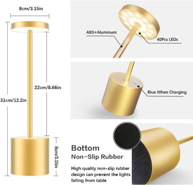 И Світлодіодна настільна лампа бездротова, 5000 мАг бездротова настільна лампа з можливістю затемнення, алюміній, 3 колірна температура, акумуляторні сенсорні настільні лампи для зовнішнього внутрішнього приліжкового столу Обідній стіл Патіо-бар - золото 