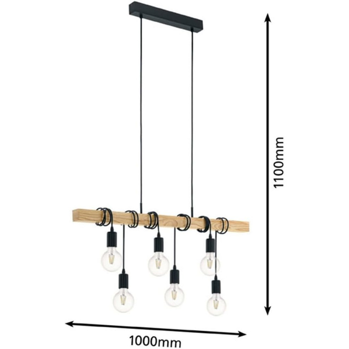 Торшер EGLO Townshend, вінтажний світильник на 2 полум'я з дерев'яним променем, ретро торшер з металу чорного кольору та дерева в природі, цоколь E27 (підвісний світильник на 6 полум'я, не сертифікований FSC)