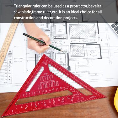Дюймовий теслярський косинець, метричний трикутник, трикутна лінійка кутова металева для дизайну оздоблення, вимірювання кутів, зроби сам (червоний), 12-