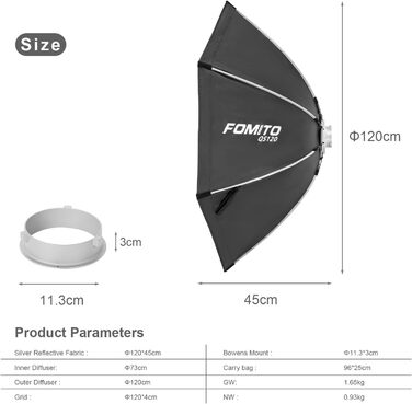 Восьмикутний софтбокс FOMITO 120 см, швидкознімний софтбокс зі стільниковою решіткою, світлорозсіювач, сумка для Godox SL-60W SL60IID SL150R SL300R